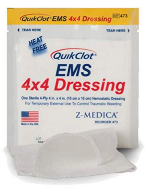 QuikClot EMS 4x4 DRESSING with Hemostatic Agent | Emergency